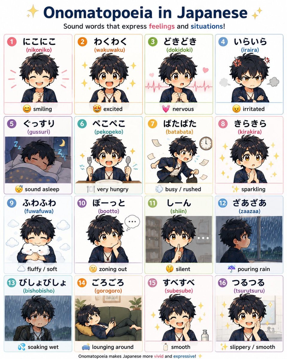 Japanese__yuki's tweet photo. Japanese has so many onomatopoeia that make feelings and situations more vivid.
How many of these do you already know? ✨ https://t.co/6WkyWcwCEv
