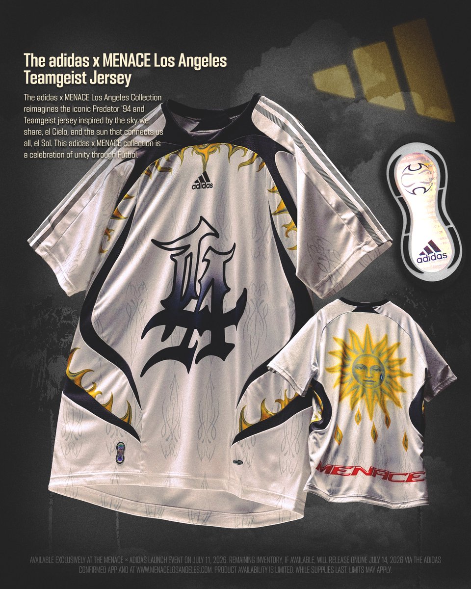 STEVENMENACE323's tweet photo. adidas really let me design an official jersey.

Still doesn’t feel real.

Our official “Los Angeles” Teamgeist jersey in Halo White, inspired by the city that raised us.

adidas x MENACE 🌞🪽 https://t.co/0hf44hzOZ1
