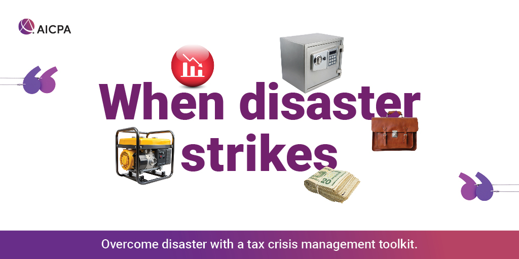 AICPA's tweet photo. Disasters can strike anytime. Ensure clients have adequate protection — review property insurance policies and adjust them as needed. Our Disaster Relief Resource Center has valuable tools to guide you. 

Read more. https://t.co/6VEcskJvmt https://t.co/yrj6qbDtLH