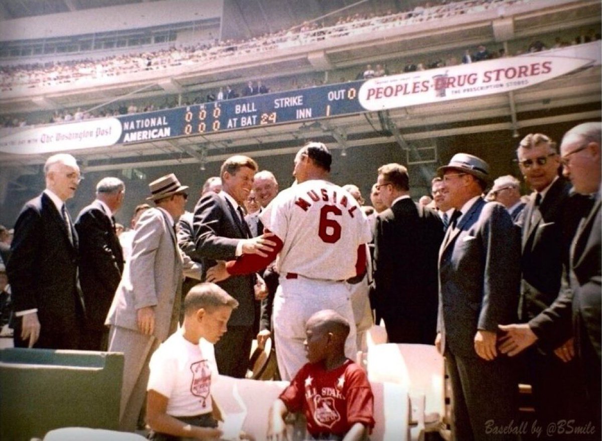 nut_history's tweet photo. President John F. Kennedy chats with St. Louis Cardinals legend Stan Musial before the 1962 Major League All-Star Game in Washington, D.C. https://t.co/uHDzUP0MZ3