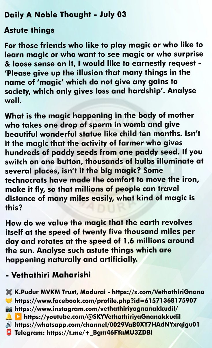 VethathiriGnana's tweet photo. #Daily A #Noble #Thought - #July 03
#Astute things
- #Vethathiri
Delhi NCR Simplified #Kundalini #Yoga Trust
✖️K.Pudur MVKM Trust
🤝https://t.co/aY7RIMDoo1
📷https://t.co/yfTnrtXCG5
🔔 ▶️https://t.co/jlo4Ts3t44
🔊https://t.co/o3Vx39XGA6
📮https://t.co/TwR21zfUqt
#meditation https://t.co/GyMWhE4cup