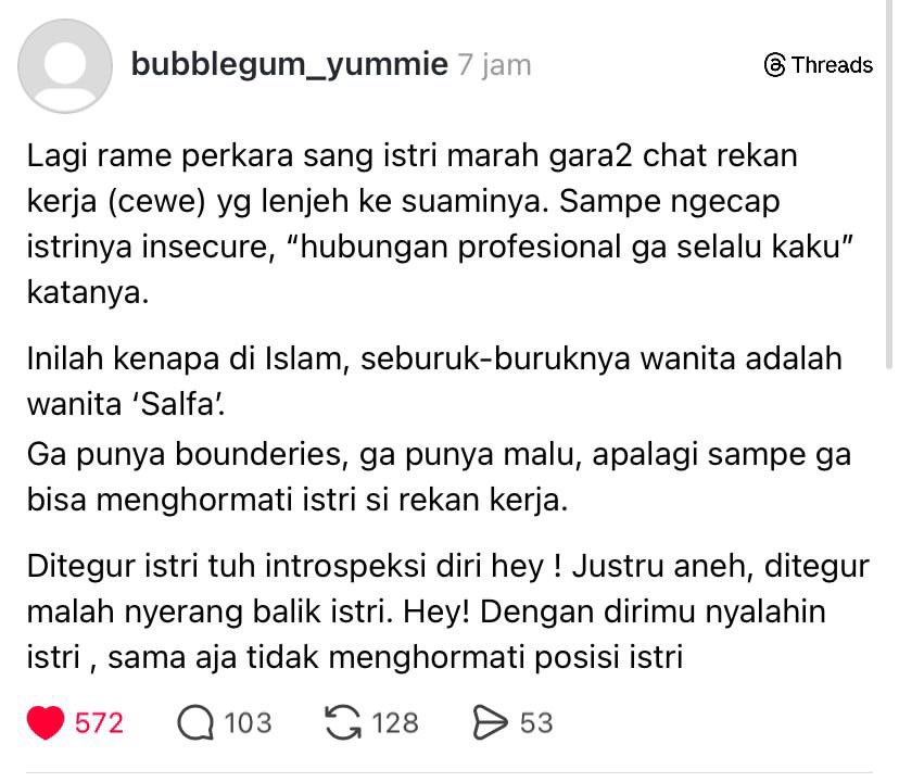 mamahmuda1_'s tweet photo. Jadi inget, dulu pas baru awal nikah hal yg aku lakuin ngecek kontak kontak suami. Sebelum nge hapus hapusin aku tanya dulu suami + beberapa org juga ada yg aku blokir. Ada satu perempuan yg aku blok ig dan wa nya tiba tiba dia ngechat di telegram suamiku. Isinya cuma ucapan atas pernikahan kami dan aku balas sebagai suami yg cuma ucap terimakasih. Eh perempuan ituuu balas chat lagi dengan kalimat “ nanti kalo mau curhat chat aja ya “ ehhhh kagettt dong aku. Sementara dia sendiri udh punya laki￼
cc: fitrirahayu.saik