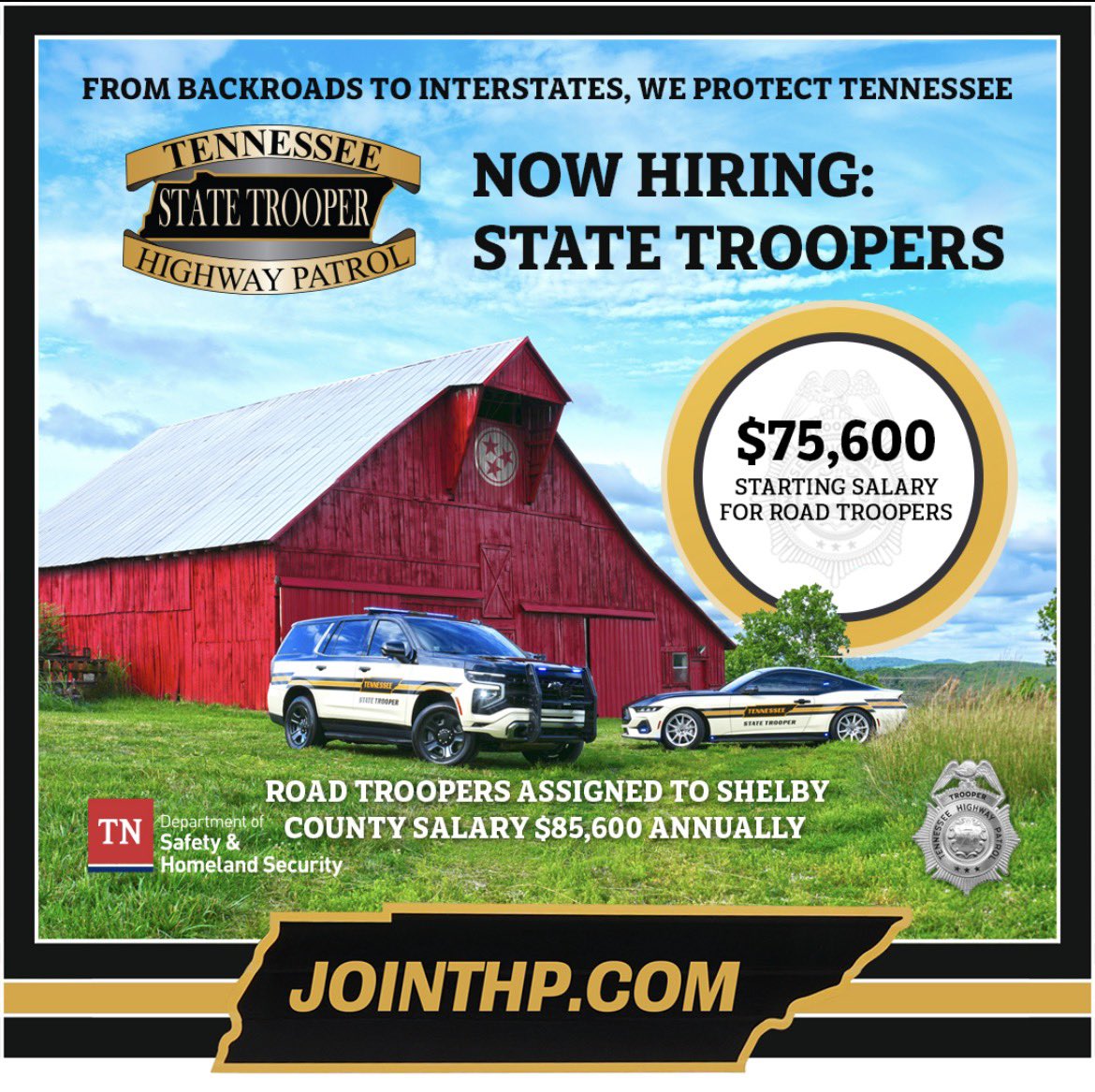 TNHighwayPatrol's tweet photo. THP is hiring road troopers in the Nashville District! Are you looking for a rewarding and professional career? Join a team committed to service, safety, professionalism, and excellence. Starting pay in the Nashville Dist is $75,600.  https://t.co/BF23FdWcYA @THPNashville https://t.co/6avh9pwhYz