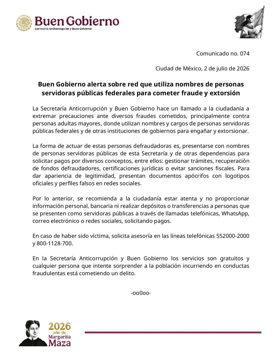 emeequis's tweet photo. La dependencia @BuenGobierno_mx emitió recomendaciones urgentes tras detectar fraudes y extorsiones dirigidas principalmente a adultos mayores:

El modus operandi: Delincuentes suplantan la identidad de servidores públicos del @GobiernoMX mediante llamadas, WhatsApp o correos electrónicos para exigir dinero.

La recomendación: No proporciones datos personales, contraseñas ni realices depósitos o transferencias bancarias.

Líneas de apoyo: Si fuiste víctima o detectas un caso sospechoso, pide asesoría inmediata a los números 📞 55-2000-2000 y 📞 800-1128-700. 📞💸
