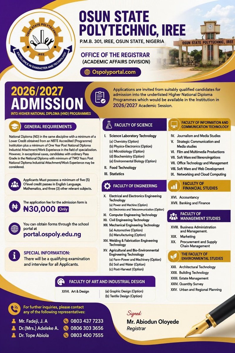 OSPOLY_IREE's tweet photo. OSUN STATE POLYTECHNIC,IREE

P.M.B. 301, IREE, OSUN STATE, NIGERIA 

OFFICE OF THE REGISTRAR (ACADEMIC AFFAIRS DIVISION)

                   https://t.co/4BoFhV664P

Applications are invited from suitably qualified candidates for admission into the underlisted https://t.co/OYoyFbwXPz
