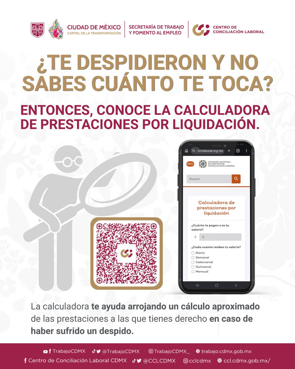 CCLCDMX's tweet photo. ¿No sabes cuánto te toca? 🧐💰

Utiliza la Calculadora Digital de CONACENTROS para conocer un estimado de lo que te corresponde por ley. ¡Es una herramienta oficial, fácil de usar y gratuita! 💻⚖️

En el CCLCDMX estamos listos para apoyarte de forma TOTALMENTE GRATUITA. 🤝🏛️ https://t.co/lC3OKc5AtX