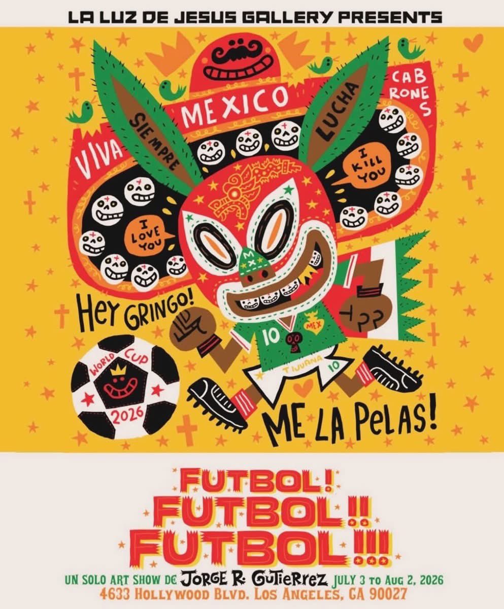 mexopolis's tweet photo. For as long as I can remember, I have been trapped in a torrid, scandalous, hilariously painful, and deeply passionate love affair with the goddamn World Cup. This exhibition is my love letter to that beautiful insanity.

Every four years, I surrender my mustached heart to the madness. Before I Die, I tell myself, One Day We Win. I chant Sí Se Puede like a prayer, scream No Era Penal like a freaking curse, and worship at the altar of Mexico 86, where I witnessed, inside Estadio Azteca, no less, the mighty Maradona become both a devil and, ultimately, a god.

In FUTBOL! FUTBOL!! FUTBOL!!!, futbolistas become mythological creatures, mascots become cursed idols, and every match turns into a banned telenovela full of betrayal, redemption, amazing haircuts, miracle goals, and very questionable life choices.

Controversial Mexican heroes abound: Hugo Sánchez, Jorge Campos, Cuauhtémoc Blanco, El Matador, Chicharito, and Ochoa! Global legends who broke hearts and rewrote history include Pelé, Maradona, Messi, Ronaldo, Ronaldinho, David Beckham, Kylian Mbappé, Pibe Valderrama, and René Higuita.

And here too are the glorious weirdos of World Cup folklore: Juanito, Naranjito, World Cup Willie, Tip and Tap, Footix, Gauchito, Zakumi, Striker, Merlin, and Zayu Jaguar. Mascots so strange and wonderful they feel less designed than summoned by ancient gods.
As a Mexican kid from Mexico City who grew up in Tijuana, the World Cup was never just a
sporting event. It was mythmaking. It was religion. It was family history. It was La Chiquitibum
one second and heartbreak the next. It was Hasta La Muerte devotion. It was the dream of Super Mexa flying into battle while La FIFA laughed from a golden throne.

These 39 paintings celebrate the sacred and the absurd: the heroes, monsters, dreamers, heartbreakers, and fans who keep coming back, even after the game has destroyed them. Because loving the World Cup means loving something that breaks your heart over and over again... and still showing up in full face paint, screaming like a lunatic, believing in miracles. May this hilarious and beautiful pain never end!

OPENING Friday July 3 at 7pm at @laluzdejesus Gallery in Hollywood. ALL ARE WELCOME!!!