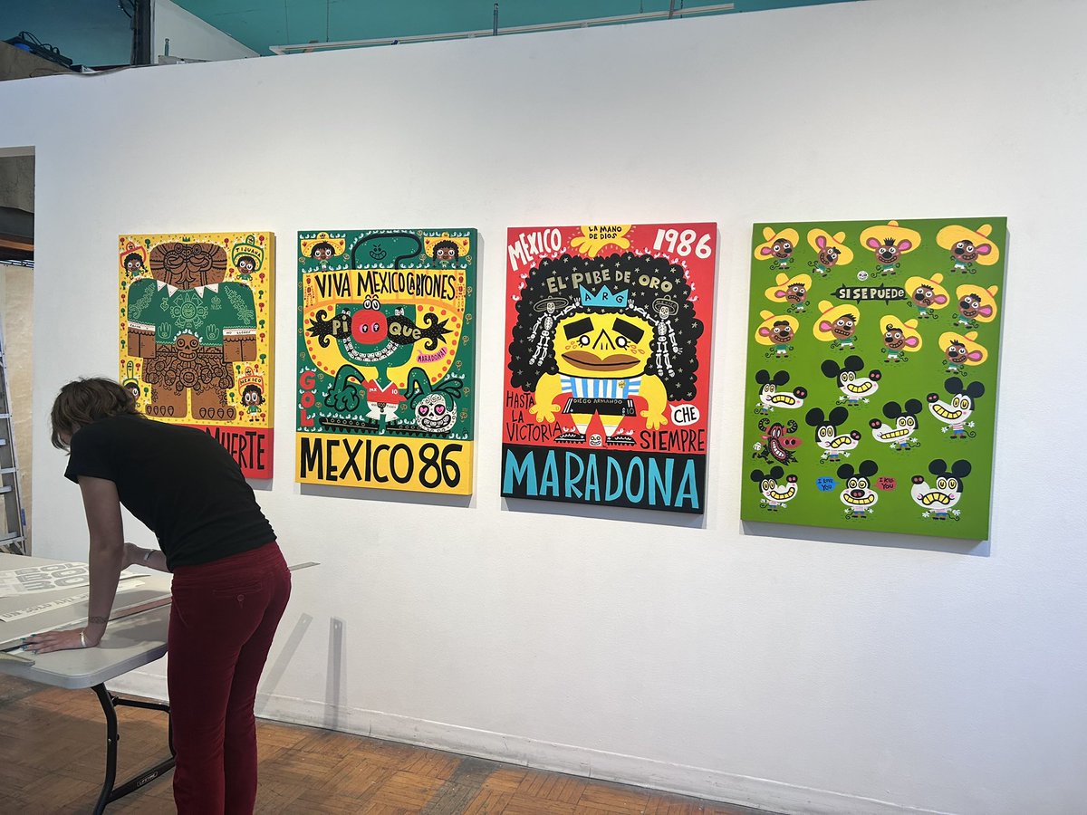 mexopolis's tweet photo. For as long as I can remember, I have been trapped in a torrid, scandalous, hilariously painful, and deeply passionate love affair with the goddamn World Cup. This exhibition is my love letter to that beautiful insanity.

Every four years, I surrender my mustached heart to the madness. Before I Die, I tell myself, One Day We Win. I chant Sí Se Puede like a prayer, scream No Era Penal like a freaking curse, and worship at the altar of Mexico 86, where I witnessed, inside Estadio Azteca, no less, the mighty Maradona become both a devil and, ultimately, a god.

In FUTBOL! FUTBOL!! FUTBOL!!!, futbolistas become mythological creatures, mascots become cursed idols, and every match turns into a banned telenovela full of betrayal, redemption, amazing haircuts, miracle goals, and very questionable life choices.

Controversial Mexican heroes abound: Hugo Sánchez, Jorge Campos, Cuauhtémoc Blanco, El Matador, Chicharito, and Ochoa! Global legends who broke hearts and rewrote history include Pelé, Maradona, Messi, Ronaldo, Ronaldinho, David Beckham, Kylian Mbappé, Pibe Valderrama, and René Higuita.

And here too are the glorious weirdos of World Cup folklore: Juanito, Naranjito, World Cup Willie, Tip and Tap, Footix, Gauchito, Zakumi, Striker, Merlin, and Zayu Jaguar. Mascots so strange and wonderful they feel less designed than summoned by ancient gods.
As a Mexican kid from Mexico City who grew up in Tijuana, the World Cup was never just a
sporting event. It was mythmaking. It was religion. It was family history. It was La Chiquitibum
one second and heartbreak the next. It was Hasta La Muerte devotion. It was the dream of Super Mexa flying into battle while La FIFA laughed from a golden throne.

These 39 paintings celebrate the sacred and the absurd: the heroes, monsters, dreamers, heartbreakers, and fans who keep coming back, even after the game has destroyed them. Because loving the World Cup means loving something that breaks your heart over and over again... and still showing up in full face paint, screaming like a lunatic, believing in miracles. May this hilarious and beautiful pain never end!

OPENING Friday July 3 at 7pm at @laluzdejesus Gallery in Hollywood. ALL ARE WELCOME!!!