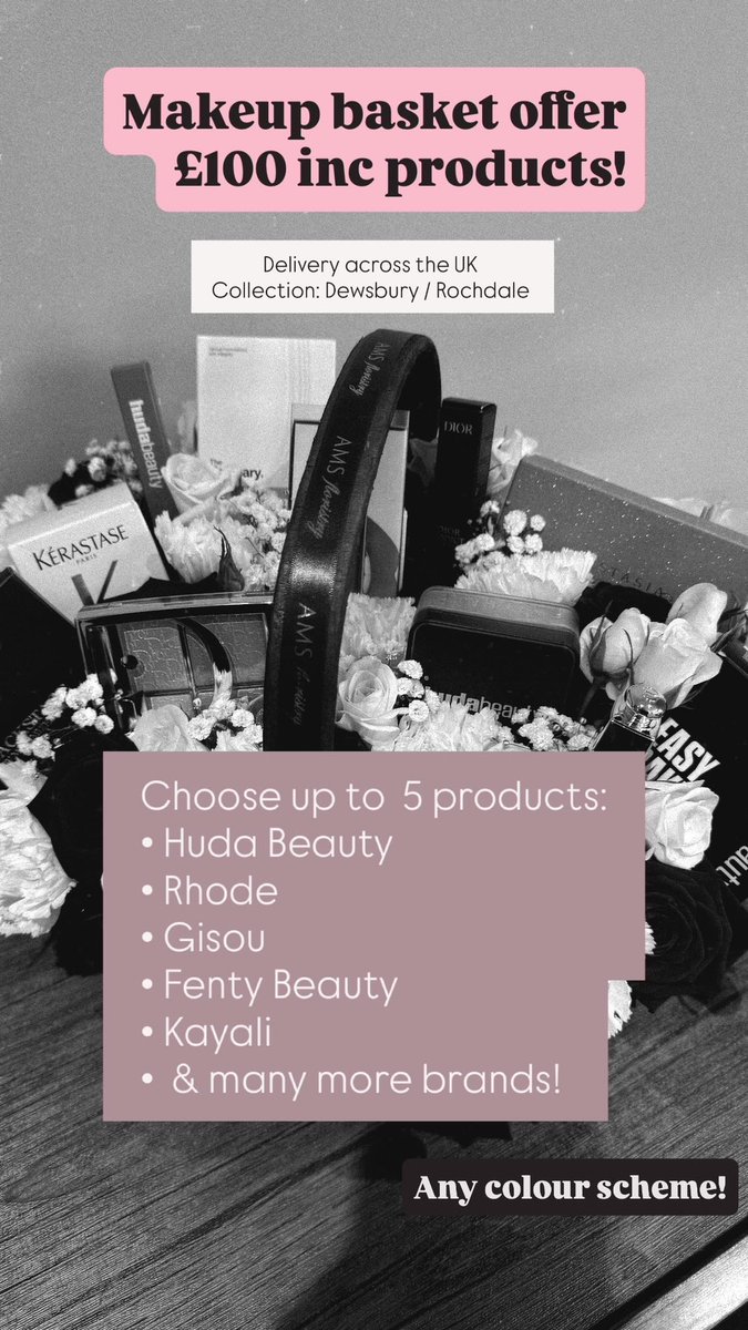 amsfloristry's tweet photo. £100 makeup baskets including products 💖💖 
DM now to order 🌸🫶🏼 
Delivery across the UK / collection from Dewsbury or Rochdale 🤍 
#makeupbaskets #flowerbasket #hudabeauty #kayali #rhode #rarebeauty #makeup #flowerdelivery #birthdaygirl #birthdaygift #graduationgift #grad2026 https://t.co/Gx4Glrqf37