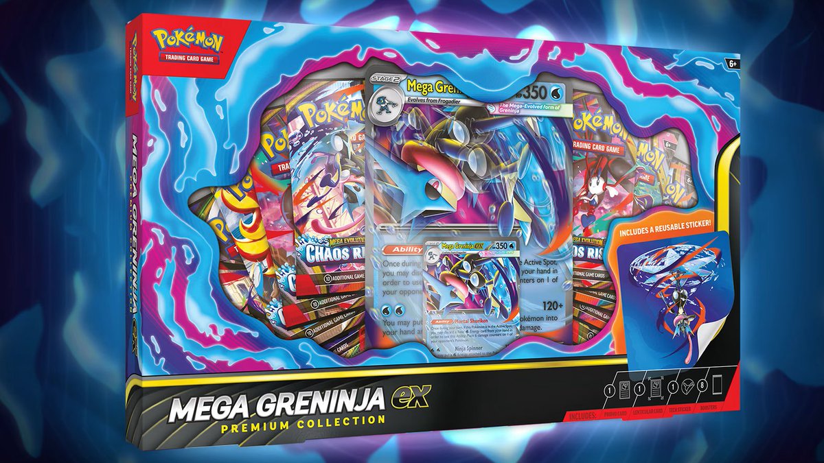 PokemonRestocks's tweet photo. Mega Greninja ex Premium Collection Officially Releases Tomorrow, July 3rd! 💫

Amazon: https://t.co/8zbW3yhIrr
Walmart: https://t.co/LYuGAKiV9e
Target: https://t.co/De41So1lxO
Best Buy: https://t.co/Rn3Y7MNCAI
Dick's Sporting Goods: https://t.co/eHYXWQa6Jn

Retailers may have in-store stock on release day. Target’s online stock is loaded but hasn't dropped yet, and Walmart may also drop online in the coming weeks.

Pack contents appear to be a mix of Chaos Rising, Perfect Order and Phantasmal Flames packs based on recent openings.

We'll post any other drops, restocks or updates! 🔔
#Pokemon #PokemonTCG #ad