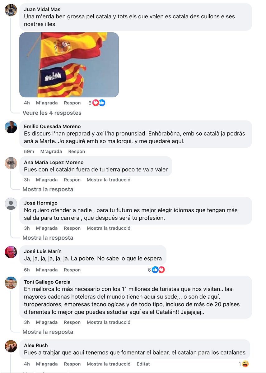 abennassar's tweet photo. Teresa Comellas ha obtingut la nota més alta de la selectivitat a les Illes Balears. En rebre el reconeixement oficial, va agrair haver rebut una educació pública i en la llengua pròpia d'aquest país (art. 4 de l'EAIB).

Les xarxes s'han omplert tot d'una de missatges de supremacistes espanyols, ignorants i catalanòfobs, que atacaven l'alumna (menor d'edat) i se'n burlaven.

Es veu que cent anys després, continuen fent seva la màxima del seu admirat Millán Astray: «¡Viva la muerte y muera la inteligencia!».