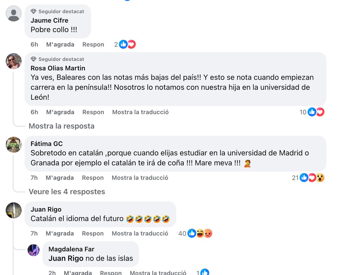 abennassar's tweet photo. Teresa Comellas ha obtingut la nota més alta de la selectivitat a les Illes Balears. En rebre el reconeixement oficial, va agrair haver rebut una educació pública i en la llengua pròpia d'aquest país (art. 4 de l'EAIB).

Les xarxes s'han omplert tot d'una de missatges de supremacistes espanyols, ignorants i catalanòfobs, que atacaven l'alumna (menor d'edat) i se'n burlaven.

Es veu que cent anys després, continuen fent seva la màxima del seu admirat Millán Astray: «¡Viva la muerte y muera la inteligencia!».