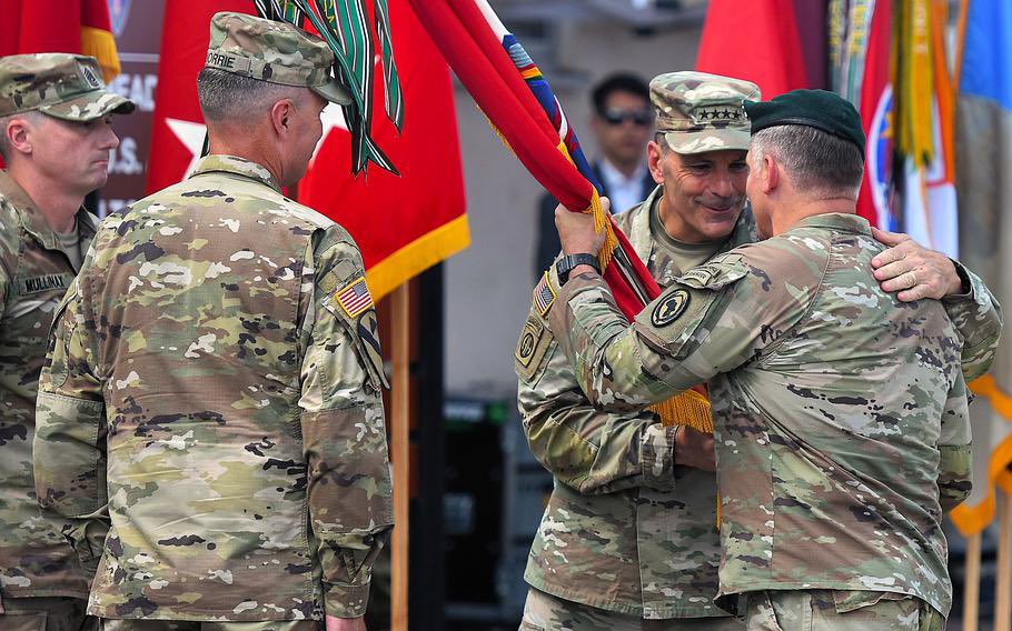 sentdefender's tweet photo. Gen. Christopher T. Donahue relinquished his position as Commander of U.S. Army Europe and Africa (USAREUR-AF) in Wiesbaden, Germany, during a ceremony at Clay Kaserne on Thursday, following recent reports of tension between himself and Defense Secretary Pete Hegseth. General Donahue’s position in Europe, previously a command for a four-star officer, will be downgraded to a three-star command under order from the Pentagon, with Maj. Gen. Christopher Norrie to serve as the Acting Commander of USAREUR-AF.