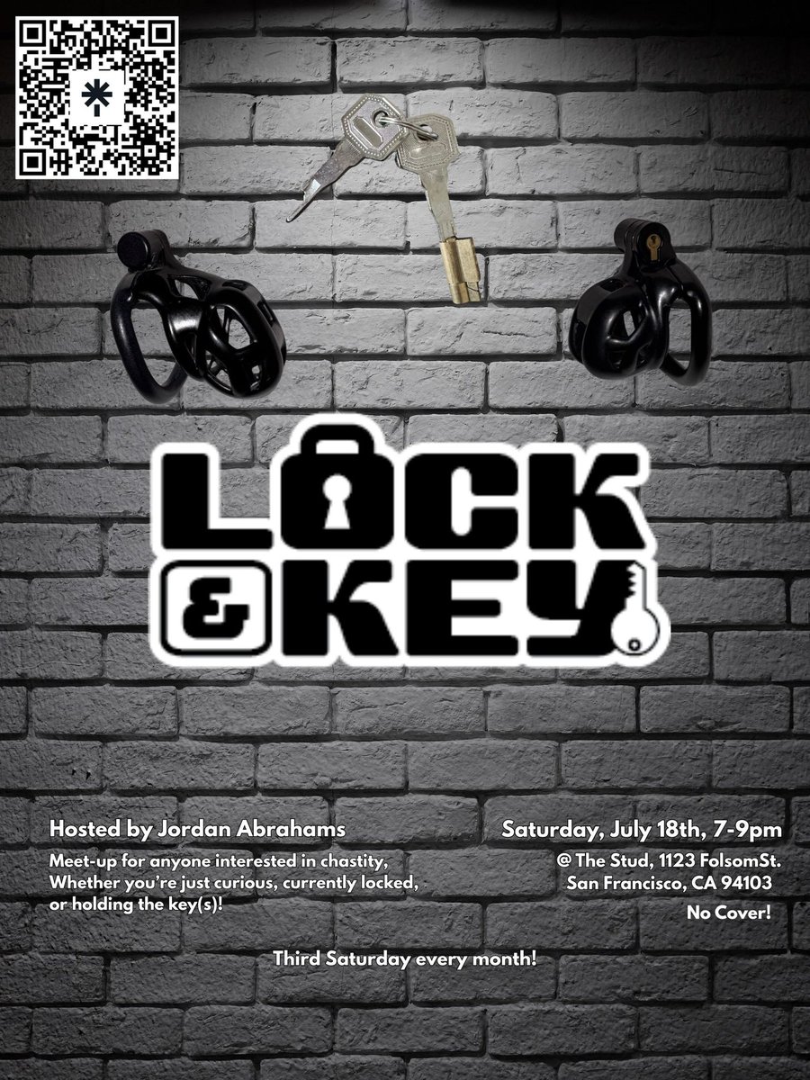 LockItSF's tweet photo. Getting ready for Dore Alley week? 😈 Kick off the excitement early with the Lock &amp; Key crew for our July social!

🗓️ Sat, July 18th | 7-9 PM
📍 The Stud, 1123 Folsom St, SF
🎟️ Free entry / No Cover
Curious, locked, or keyholder—all are welcome!

#ChastitySocial https://t.co/ZmTo7z72Ib