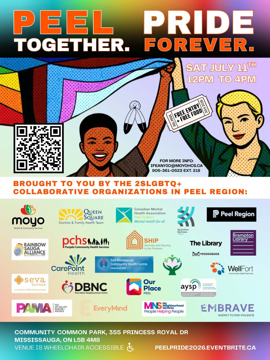 AYSPtweets's tweet photo. 🌈 July is Pride Month in Peel! Celebrate with us at Peel Pride 2026 on Saturday, July 11 from 12:00–4:00 PM at Community Common Park in Mississauga.

Free entry, free food, and an inclusive space to connect, celebrate, and uplift the 2SLGBTQ+ community.

See you there! https://t.co/9I9Mlt5rYj