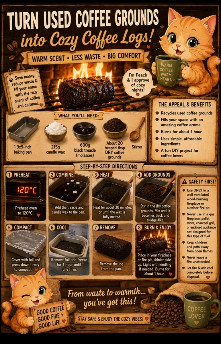 PeachProof23's tweet photo. Your used coffee grounds are worth more than you think.

Instead of throwing them away, turn them into a homemade coffee fire log that fills the air with the rich aroma of roasted coffee and warm caramelized sugar while helping put leftover grounds to good use.

Why people love these DIY logs:
- Recycles coffee grounds that would otherwise be discarded.
- Creates a cozy café-like scent around your fire.
- Burns for about an hour when made correctly.
- Can reduce waste and save money compared to buying specialty scented fire logs.
- Makes a fun weekend DIY project for coffee lovers.

All you'll need is dried coffee grounds, black treacle (molasses), candle wax, a loaf pan, and a little patience. The result is a slow-burning log that's as satisfying to make as it is to enjoy.

Have you ever repurposed coffee grounds for something unexpected?