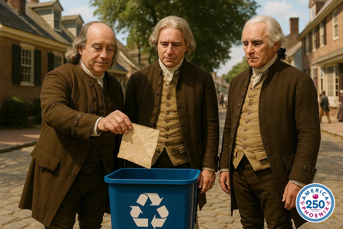 An AI-generated image of Ben Franklin, Thomas Jefferson, and George Washington in historical attire are in a colonial street setting. Franklin is placing a paper into a blue recycling bin with a recycling symbol. The buildings in the background have a colonial architectural style. A logo in the bottom right reads "America 250 Phoenix in a circular, red, white, and blue seal.