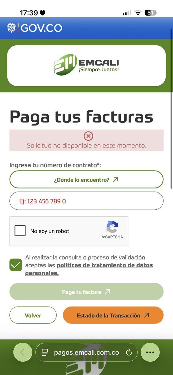 dancarmonac's tweet photo. @EMCALIoficial 

En este momento se están presentando fallas para el pago de la factura del mes con fecha corte de hoy. Por favor validar que está sucediendo. Gracias. https://t.co/mDdh1cxrFJ