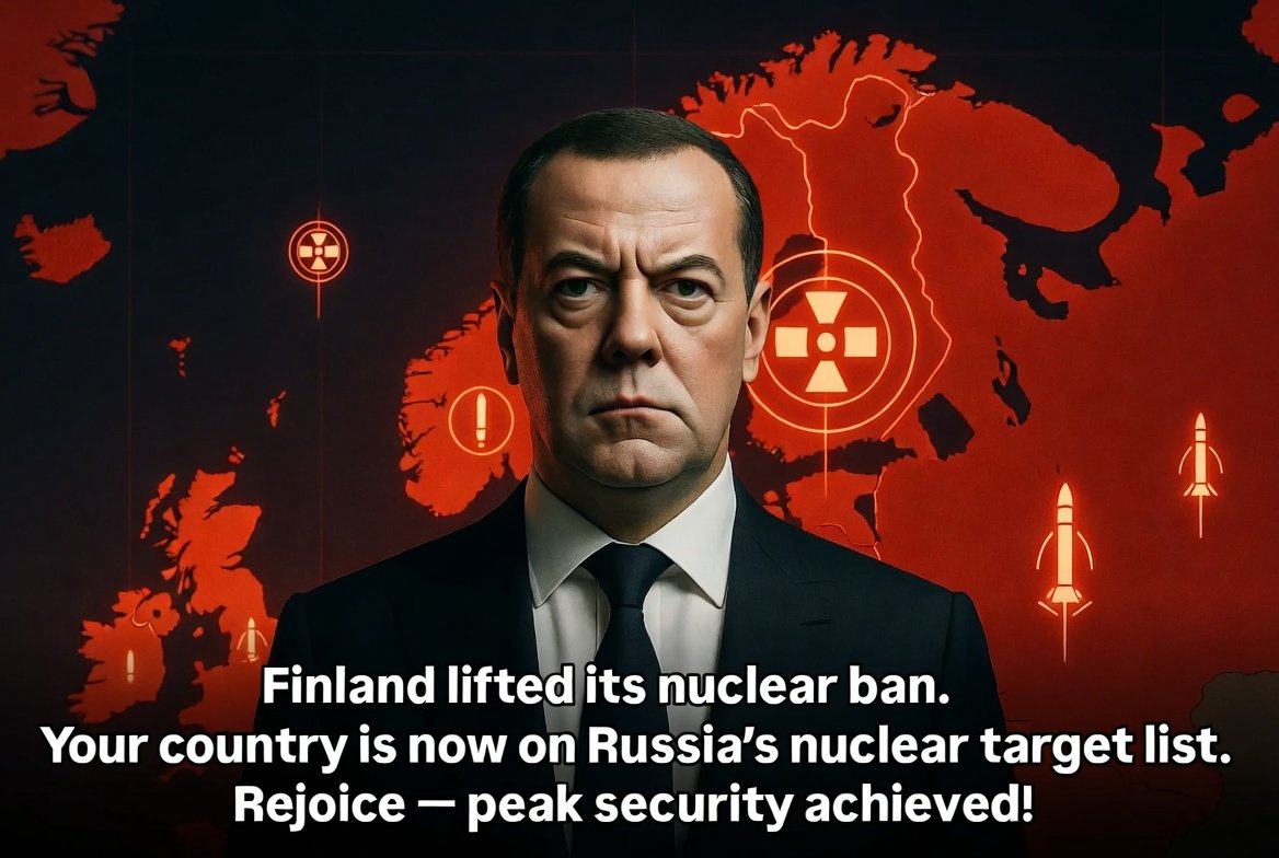 Its_ereko's tweet photo. 🇷🇺🚨 Medvedev didn’t stutter:

🇫🇮 Finland dropped its nuclear ban. Result? “Your country is now on Russia’s nuclear target list. Rejoice — peak security!”

NATO’s masterstroke: Drag Finland in, force nukes to Russia’s border, then cry “aggression” when the obvious happens.

The West keeps lighting fuses and calling it peace. Same script, new country.

For every African nation still entertaining foreign bases, “partnerships,” or external “security guarantees” — this is the endgame they won’t show you on CNN.

You host their weapons, you become the target. Simple math.

No more illusions. No more pretending the bloc that claims to defend you won’t turn your soil into the next frontline when it suits them.

Finland just learned the hard way what “collective defense” really means.

The resistance to this madness is global. Stand with sovereignty or stand with the fuse-lighters.