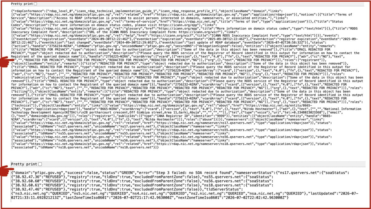 RealQueenBee__'s tweet photo. LADIES AND GENTLEMEN, THEY MESSED WITH THE WRONG GENERATION.

We will nail the Thief-Of-Staff. We have the Digital Footprints...

Our forensic analysis is currently underway. Professionals in the technology sector will recognize the significance of the digital footprints we are examining. This initial overview precedes a comprehensive report, which will be released soon.

Despite claims to the contrary, records indicate the existence of a government-hosted and managed website for the disputed government agency. They have a domain, https://t.co/9n2TnQQrUd, reserved only for government agencies in Nigeria. This site was taken offline a few hours ago.

Furthermore, the website was hosted by NITDA - Development (https://t.co/pSEpUlMSAm), a government agency responsible for managing technological initiatives.

This raises a pertinent question: why was a website associated with an individual not officially recognized by the government registered and managed by NITDA?

Thank You For Your Attention To This Matter.

Signed
One and only Queen Bee 🐝