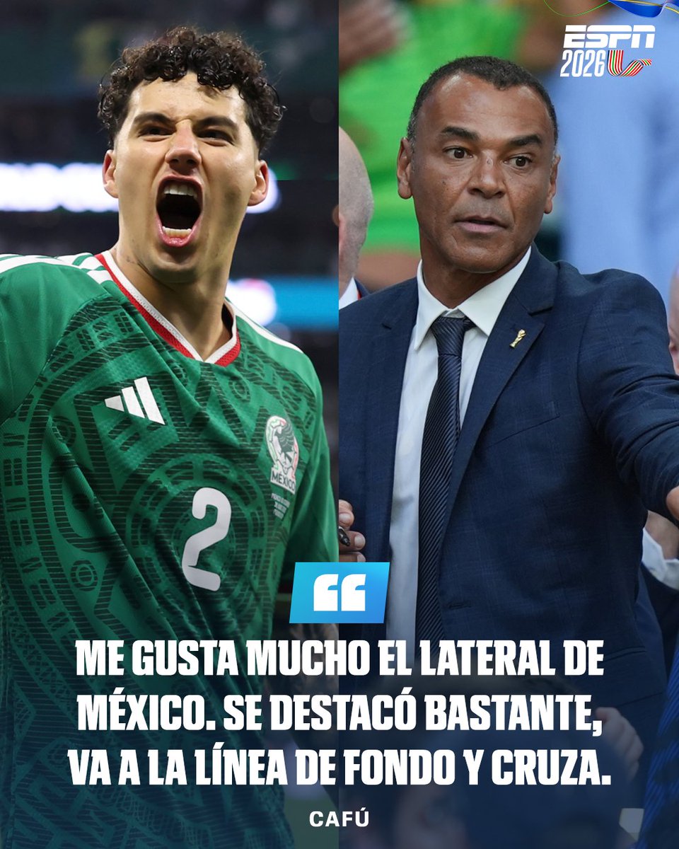 ESPNmx's tweet photo. ¡CAFÚ CREE QUE JORGE SÁNCHEZ SE PARECE A ÉL! 🔥🇲🇽

A la leyenda le preguntaron "¿Qué lateral se parece a Cafú en este Mundial?" y respondió que Jorge Sánchez, destacó cómo llega a línea de fondo.

Además del mexicano, el 🇧🇷 también mencionó al colombiano Daniel Muñoz y a Hakimi como los laterales que "tienen una semejanza muy grande". 

(vía jugaporaca)