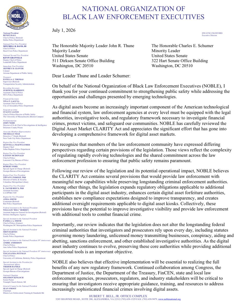 EleanorTerrett's tweet photo. 🚨NEWS: The National Organization of Black Law Enforcement Executives (NOBLE) has endorsed the Clarity Act, becoming the first major law enforcement organization to publicly support the legislation, which includes the Blockchain Regulatory Certainty Act (BRCA).

In a letter to Senate leaders, @noblenatl says the bill “contains several provisions that would provide law enforcement with meaningful new capabilities while preserving longstanding criminal enforcement authorities.”

Responding to concerns raised by other law enforcement groups, NOBLE adds that the legislation “does not alter the longstanding federal criminal authorities that investigators and prosecutors rely upon every day,” including statutes governing money laundering and unlicensed money transmitting businesses.