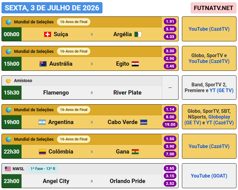 futnatv's tweet photo. A programação do futebol nesta sexta (3/7/2026) https://t.co/YwBJybojeH