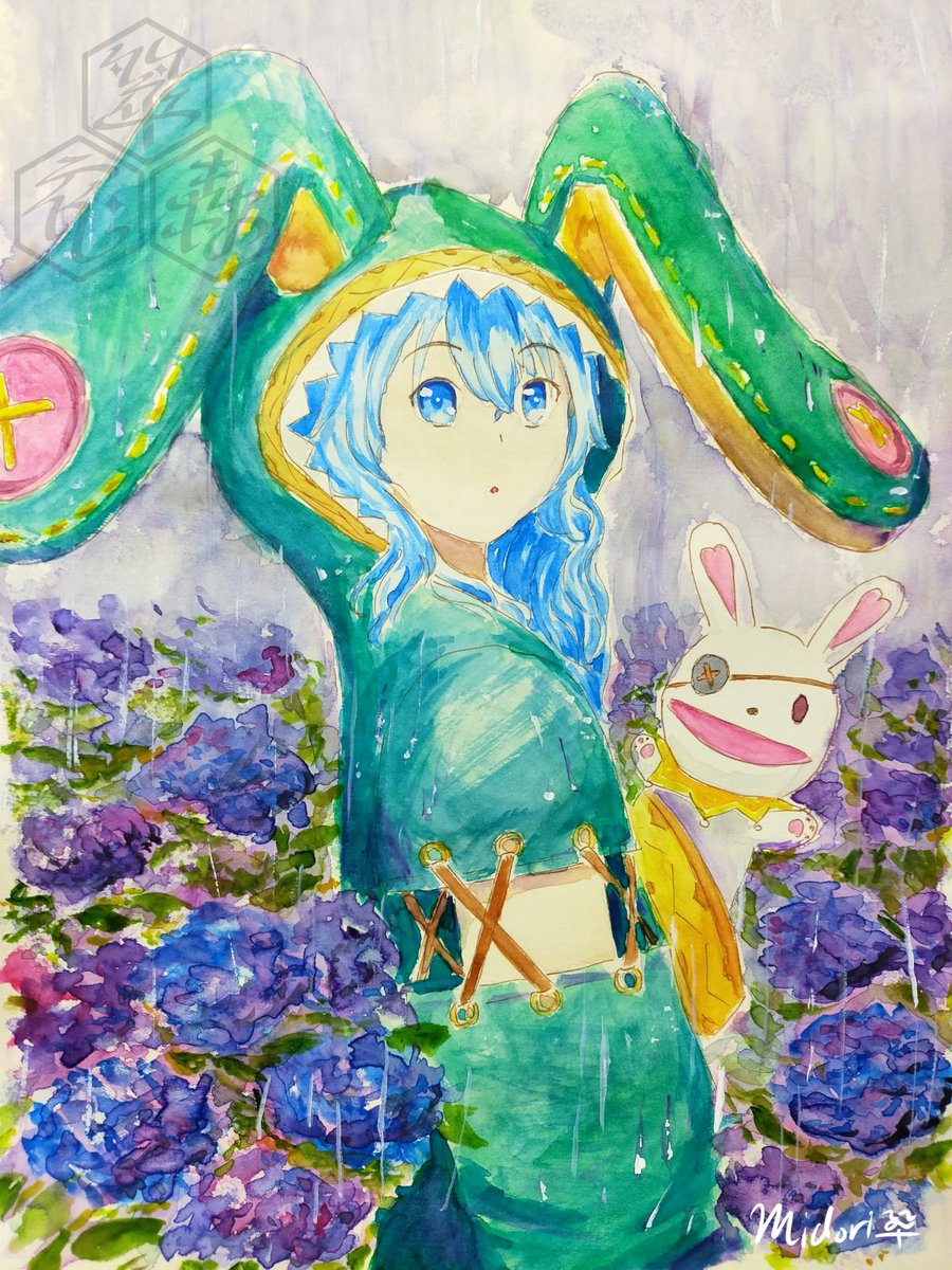 水彩画　ハーモニーSM もうすぐ夏が来るね、四糸乃 梅雨の季節らしい水彩画を描こうと思い