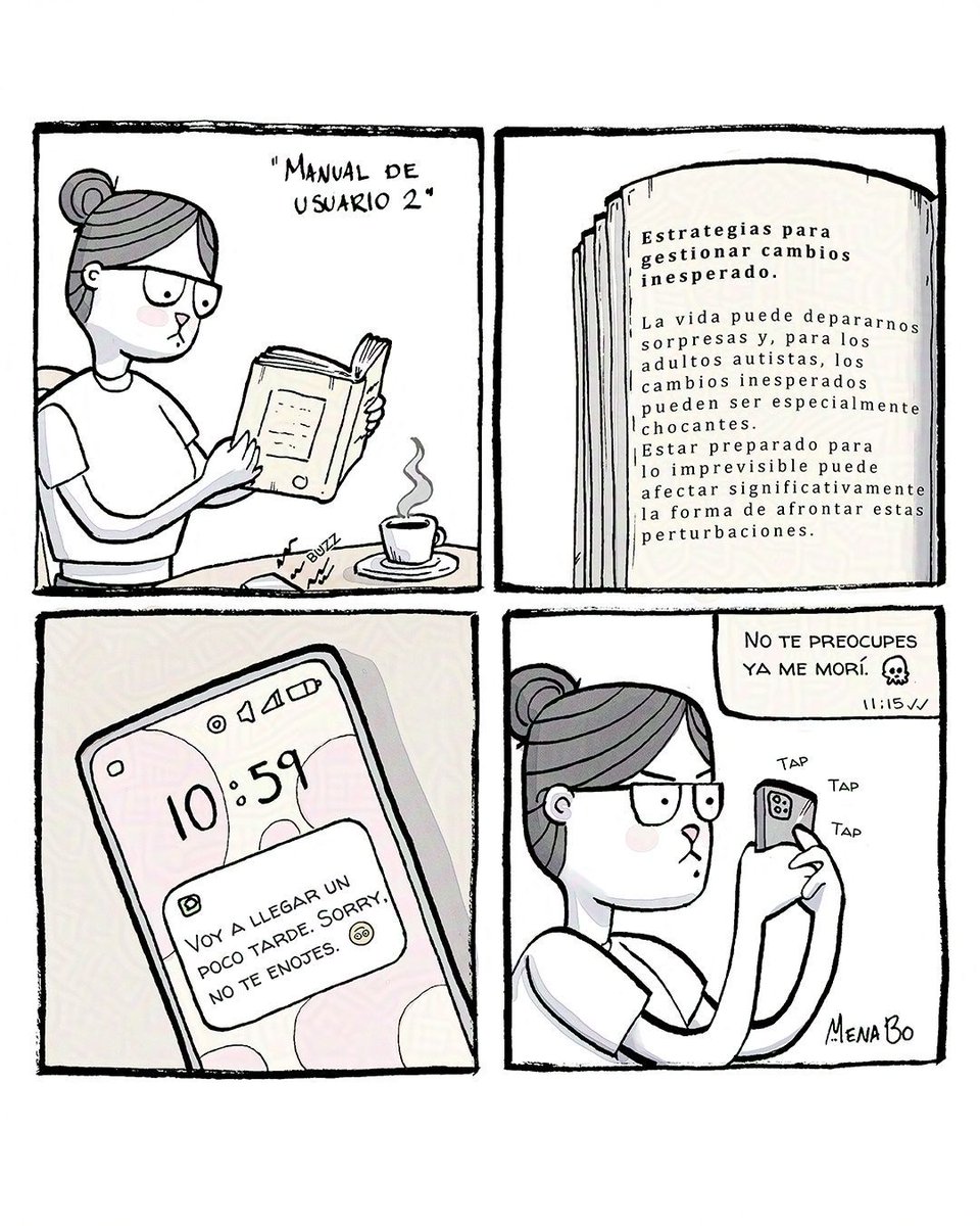 mena_bo's tweet photo. "Voy a llegar un poco tarde"
Para ti: un cambio pequeño
Para mí: el caos reorganizándose en cámara lenta
Tira #06: Manual de usuario 2 💙
#Autismo #RigidezCognitiva #MenaBo https://t.co/jtB3LqcqTW