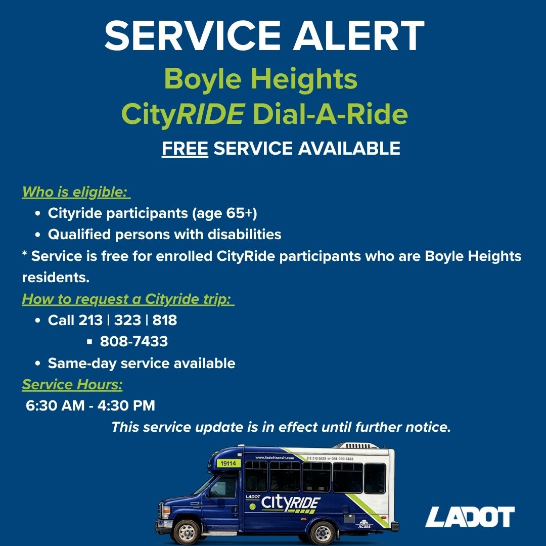 LADOTofficial's tweet photo. 🚨 Boyle Heights Update: DASH &amp; Cityride Dial-A-Ride are FREE until further notice to help you get where you need to go. Extra service is in place to support residents to ride safe and stay connected! 🚍🚌 https://t.co/cN1b8ewi7J