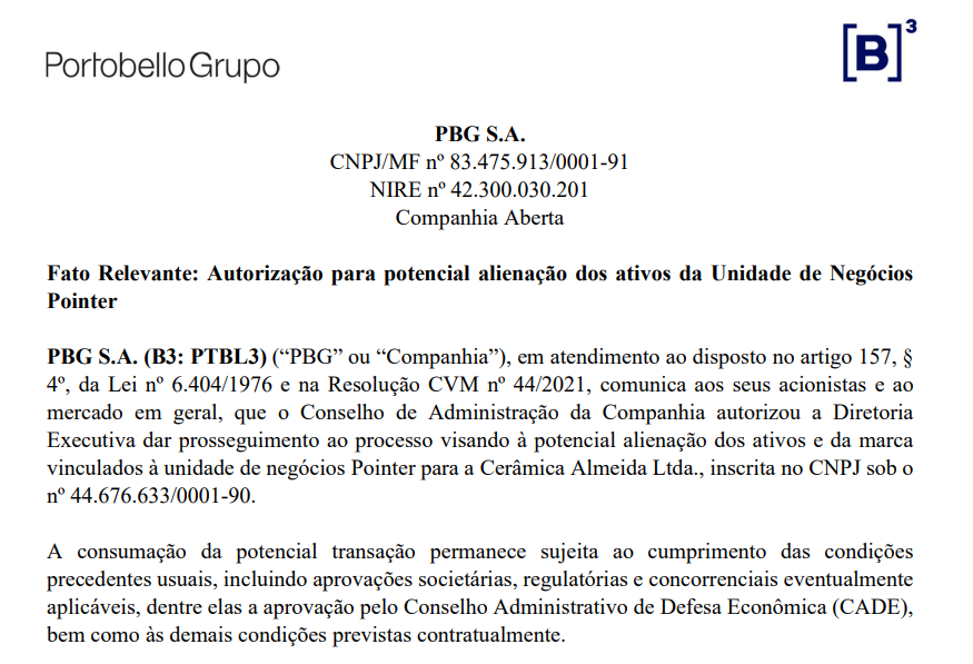 portalsmallcaps's tweet photo. Portobello #ptbl3 recebe autorização para potencial venda dos ativos da unidade de negócios Pointer. https://t.co/xu3rvLfBdf