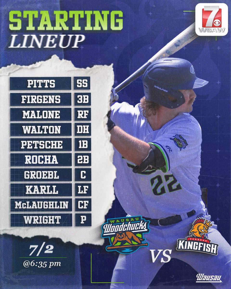 ChucksBaseball's tweet photo. Starting lineups 🦫

🦫 Chucks vs. Kenosha Kingfish
📍Athletic Park
⏰ 6:35 PM
📝 https://t.co/QST4qzF5x4
📺 https://t.co/R5FhJrEOvv

Presented by Channel 7

#BurrowDown | #WausauWoodchucks https://t.co/FWJriWzjuC