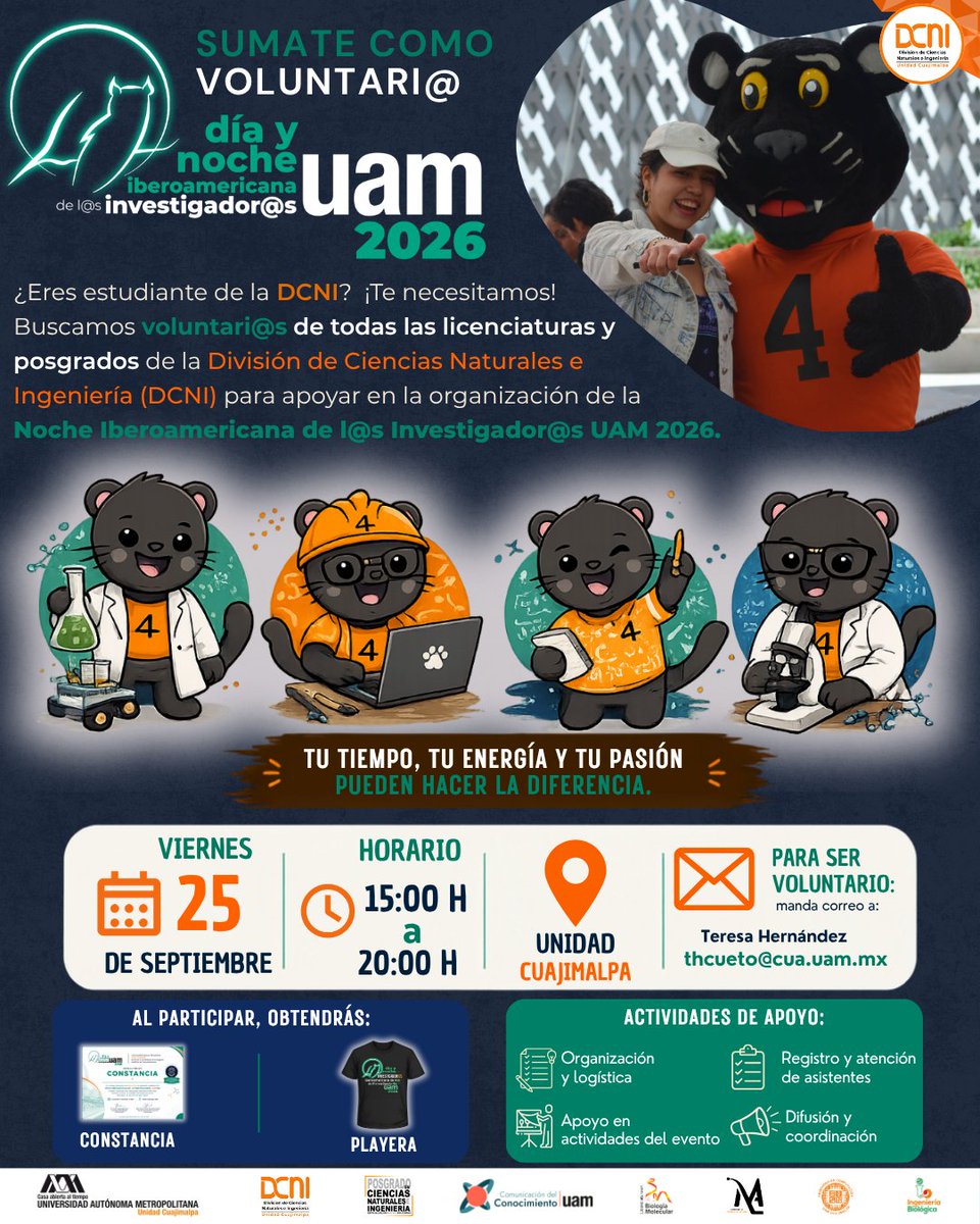 DCNI_UAMC's tweet photo. ¡Sé parte de la Noche Iberoamericana de los Investigador@s UAM 2026!

Estudiantes de la DCNI están invitados a sumarse como voluntarias y voluntarios en la organización de este evento. Apoyo en logística, registro, atención a asistentes y difusión.

Registro:
thcueto@cua.uam.mx https://t.co/IwLZAlyzSp