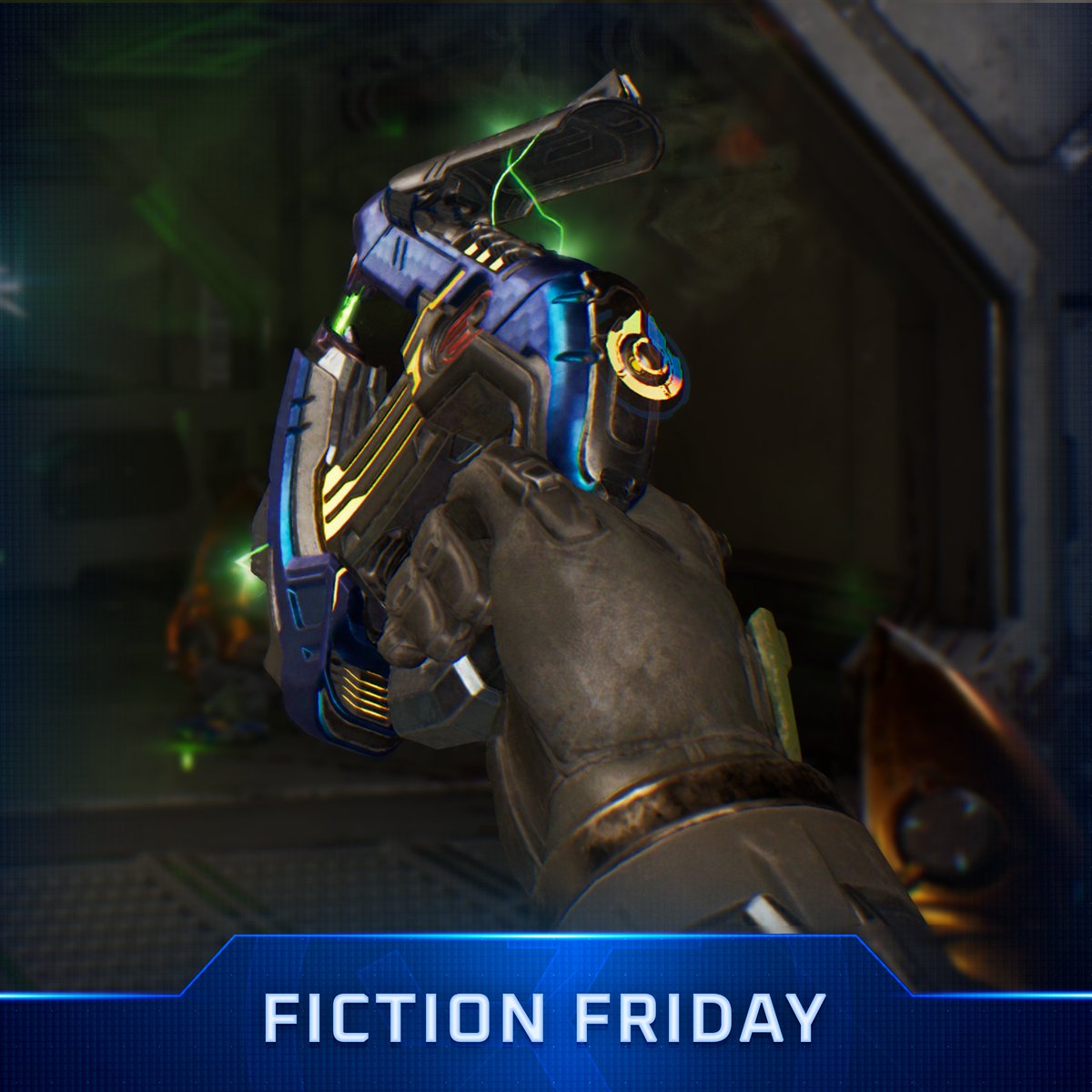 Halo's tweet photo. The plasma pistol's origins lie in the early interstellar expansion period of the Sangheili when clans engaged in colonial skirmishes centuries before contact with the San’Shyuum. In the aftermath of the Writ of Union, the design was improved by the Prophets. #FictionFriday

#HaloCE