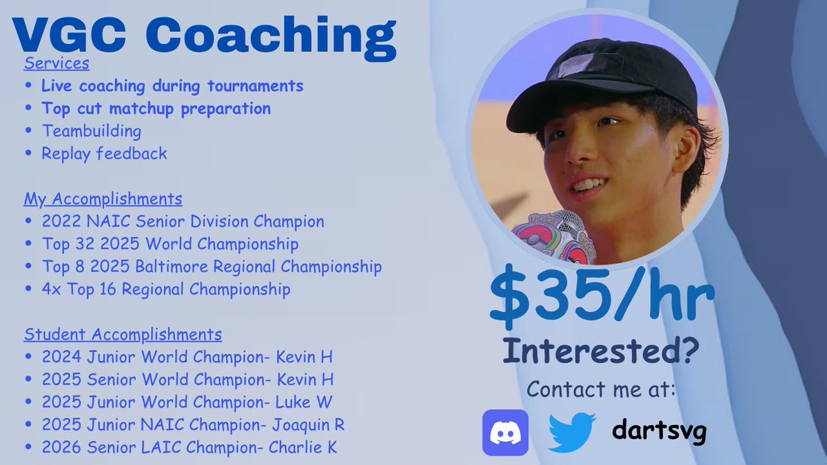 dartsvg's tweet photo. LIMITED OFFER

I am re-opening my VGC Junior/Senior coaching schedule for the next 4 weeks! 
Whether you are preparing for Worlds or the 2027 season, I will teach you what it takes to be a world champion.

Please reach out here or through Discord (@dartsvg) to schedule. https://t.co/1bUXKSlYWc