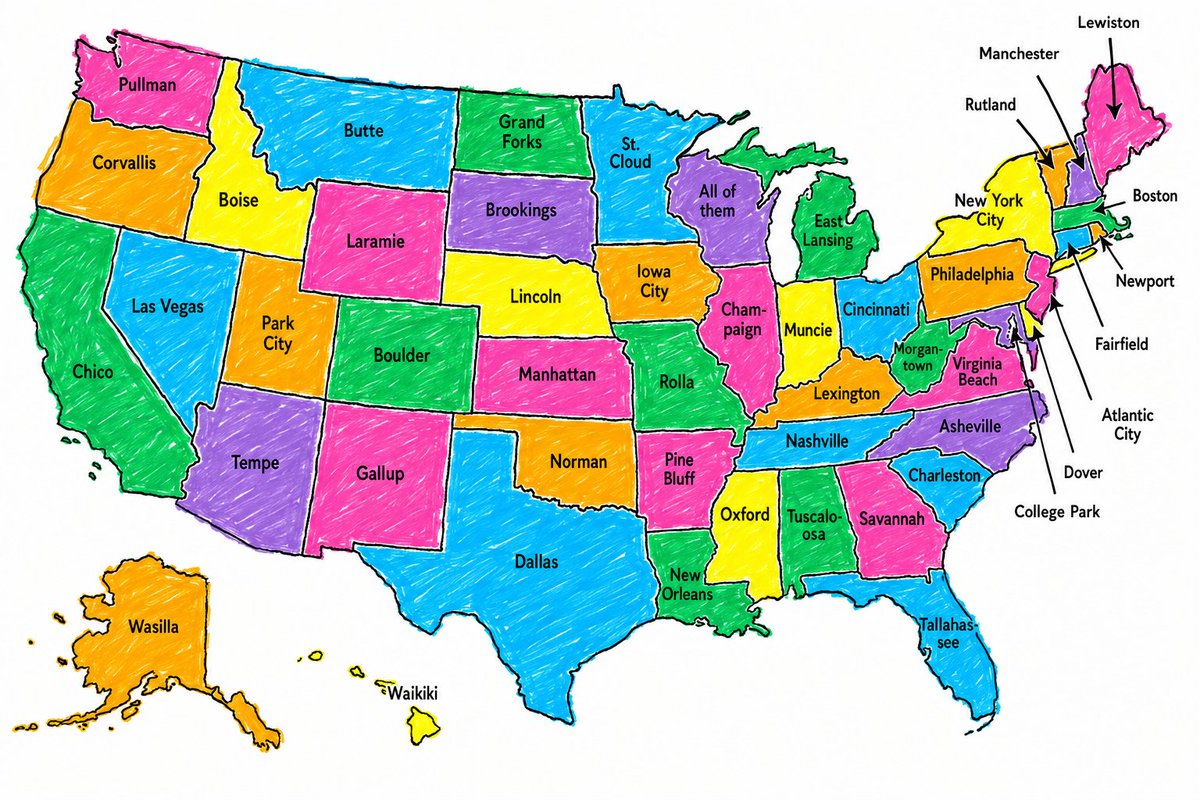 TerribleMaps's tweet photo. The drunkest city in every state https://t.co/YVYUnawSN2