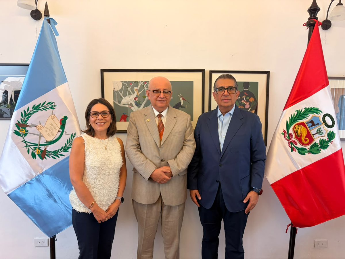 EmbajadadelPeru's tweet photo. El Director Ejecutivo de la Cámara de Comercio de Guatemala, Cristian Mayorga, y la Gerente de Comercio Exterior y Comunicación de dicha entidad, Carmen Elena Contreras, realizaron una visita al Embajador del Perú en Guatemala, Guido Toro, el día de hoy jueves 2 de julio, + https://t.co/ak0lkQdxLF