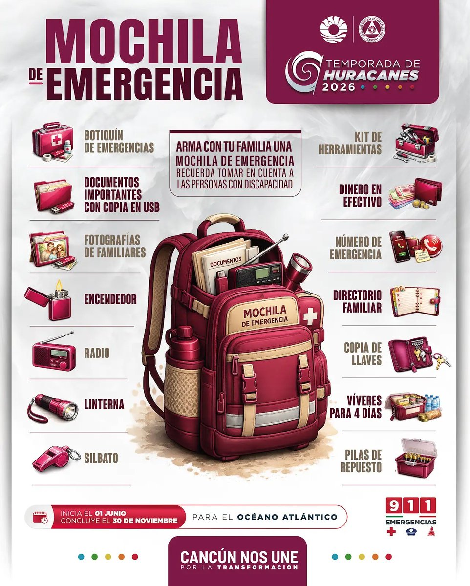 Daniela71330432's tweet photo. 🎒 Ten lista tu mochila de emergencia y prepárate para la temporada de huracanes.  La prevención y la organización pueden hacer la diferencia ante cualquier contingencia.

https://t.co/2qCpwXstKs

#CancúnNosUne #TemporadaDeHuracanes #Prevención #ProtecciónCivil #Cancún https://t.co/w8qdiXZVPZ
