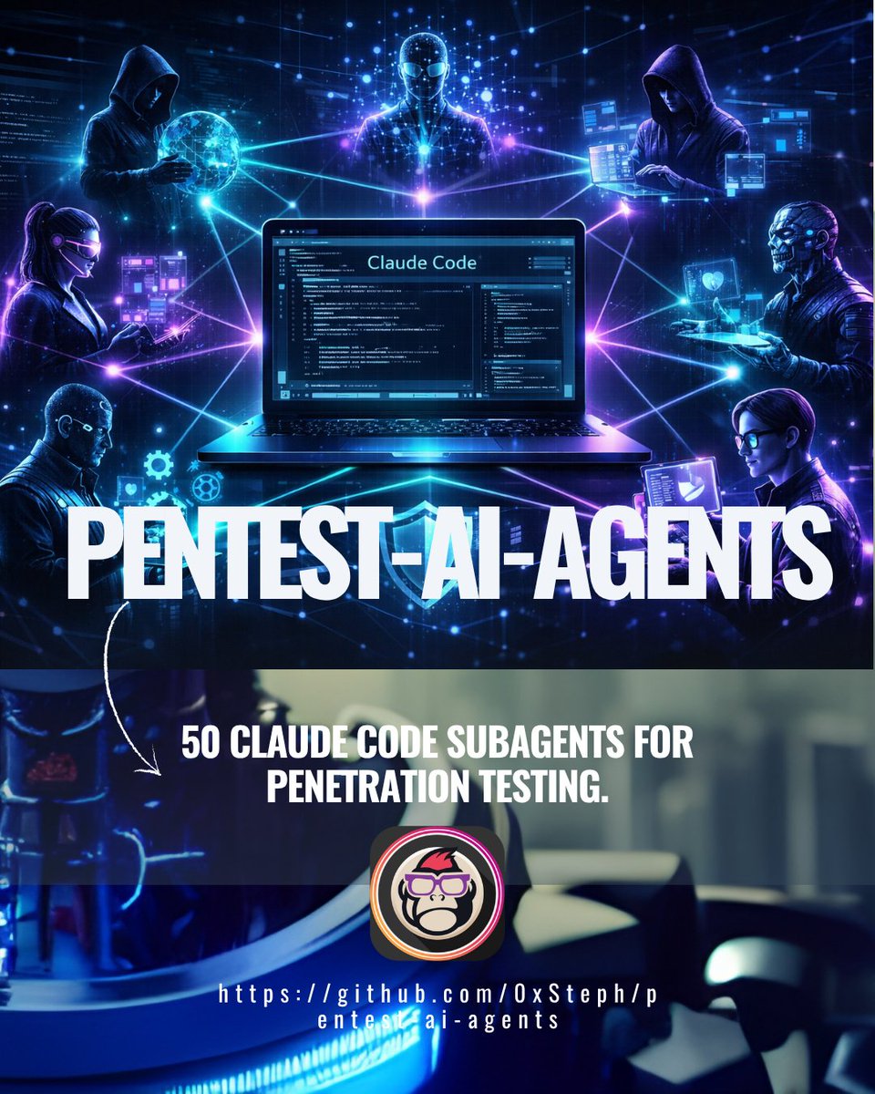 EsGeeks's tweet photo. 🔓🛡️🤖 pentest-ai-agents | 50 agentes IA para potenciar Claude Code en seguridad ofensiva

Convierte Claude en tu asistente de red teaming. 50 subagentes cubren recon, explotación, forense, detección y reporting.

#ethicalhacking #pentest #redteam #ciberseguridad #ai #claude https://t.co/el2IsPdldg