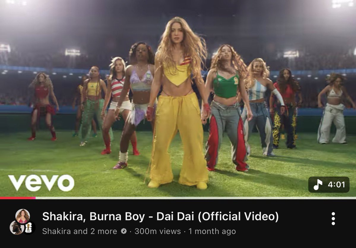 Toluwase_x's tweet photo. “DAI DAI” BY SHAKIRA AND BURNA BOY HAS NOW CROSSED 300 MILLION VIEWS ON YOUTUBE, EXTENDING ITS RECORD AS THE MOST VIEWED MUSIC VIDEO OF 2026 AND BECOMING THE FASTEST MUSIC VIDEO RELEASED IN 2026 TO HIT THE MILESTONE 🚀

ROAD TO 1 BILLION !!!! https://t.co/bhSEbGJlmt
