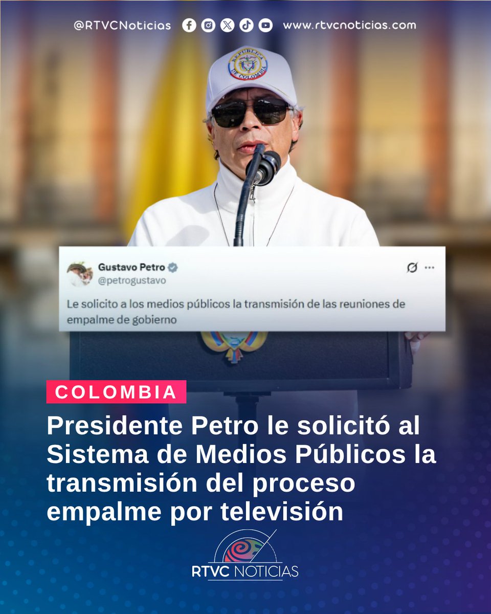 RTVCnoticias's tweet photo. #Colombia 📺🇨🇴 l  El primer mandatario solicitó al Sistema de Medios Públicos que el proceso de empalme entre el gobierno entrante de Abelardo de la Espriella y la administración actual sea transmitido por televisión.

Esto con el fin de que todos los ciudadanos del país puedan enterarse en vivo y en directo cómo avanza el desarrollo del traspaso del Estado y cómo se intercambia la información entre los gobiernos saliente y entrante.