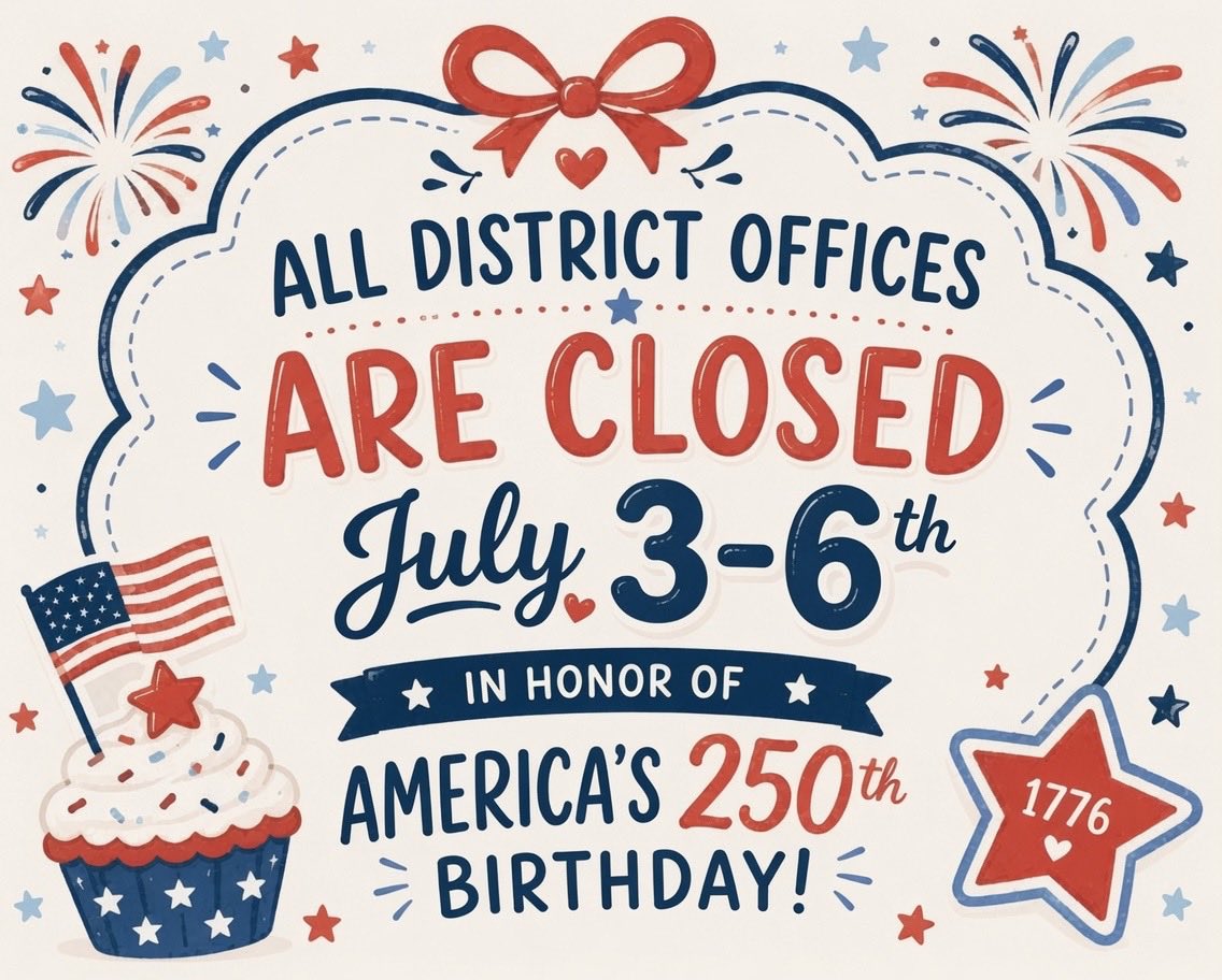 farmcards's tweet photo. 🇺🇸In honor of America's 250th birthday celebration, all Farmington School District offices will be closed on July 3rd and will reopen on July 7th.
Enjoy the holiday weekend.
Wishing everyone a safe, fun-filled holiday. Let freedom ring! ❤️🤍💙 #ESED https://t.co/1F2Roazt9D