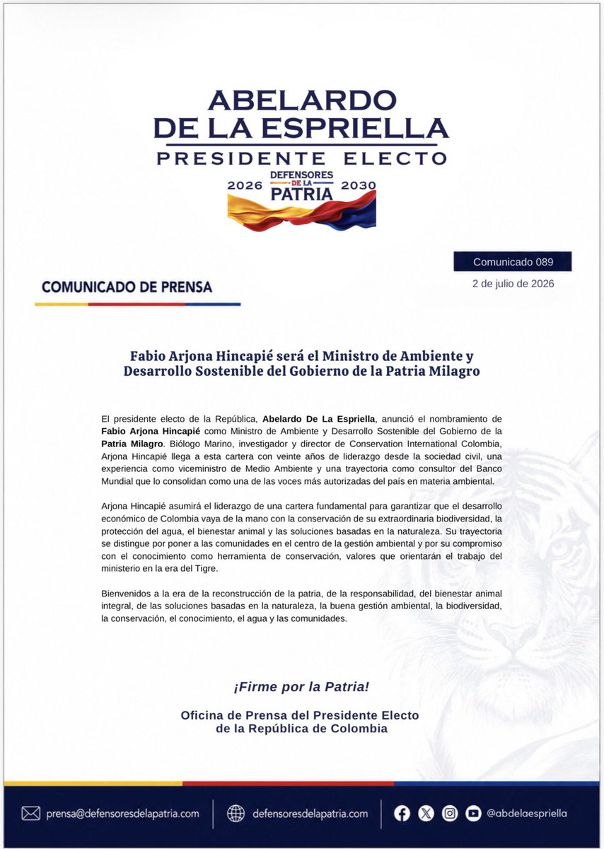 SofyCasas_'s tweet photo. 🛑 ATENCIÓN | El presidente electo @ABDELAESPRIELLA anunció a Fabio Arjona Hincapié como ministro de Ambiente y Desarrollo Sostenible. Biólogo marino, investigador y exviceministro de Medio Ambiente, liderará la cartera ambiental del Gobierno de la Patria Milagro con un enfoque en conservación, biodiversidad, protección del agua y soluciones basadas en la naturaleza.

@defensoresco @RevistaSemana @ELTIEMPO @BluRadioCo @lafm @elheraldoco @elpaiscali @ElUniversalCtg @infobaecolombia @infobaeamerica @elcolombiano @elespectador
