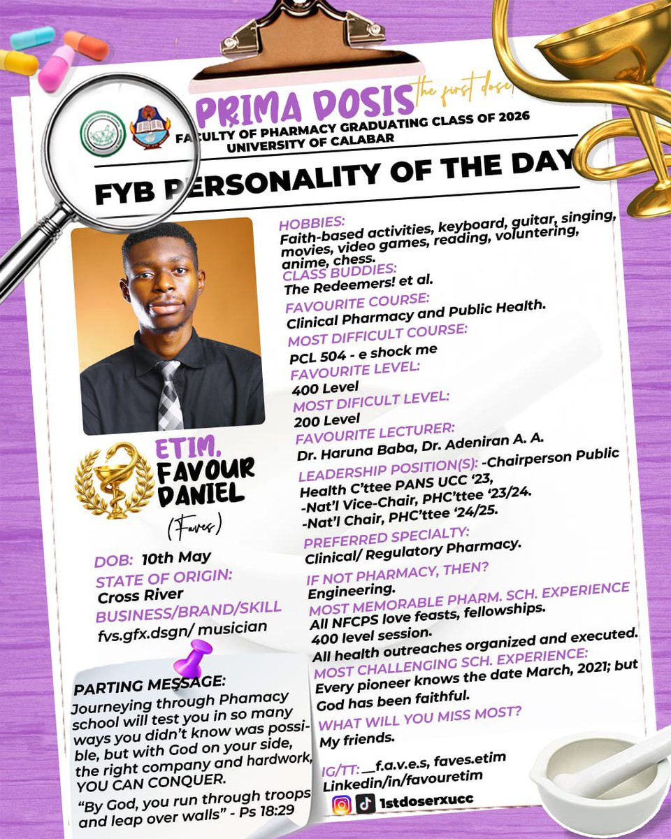 PANSUNICAL's tweet photo. FYB Personality of the Day 🎓 Celebrating Favour Daniel Etim (Faves), pioneer of Pharmacy at UNICAL.
IG/TT:__f.a.v.e.s | faves.etim
#PrimaDosis #PANSUNICAL https://t.co/FNtBLhBOGi