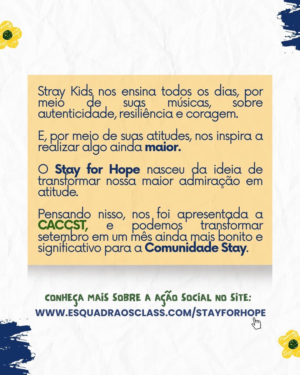 esquadraosclass's tweet photo. O Stay for Hope nasceu para transformar nosso carinho pelo Stray Kids em apoio real a famílias assistidas pela CACCST.
Juntos, podemos espalhar esperança e fazer a diferença. 🌻
🔗 https://t.co/pSva6ztWGR
#StayForHope #EsquadrãoSClass #StrayKids https://t.co/WdiaLGPZpR