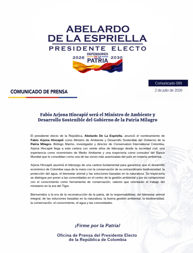 BluRadioCo's tweet photo. Como lo anticipó Blu Radio, el biólogo marino Fabio Arjona fue designado oficialmente como ministro de Ambiente del gobierno de Abelardo De La Espriella.

Arjona trabajó en la ONG Conservación Internacional, en el Banco Mundial y fue viceministro de Ambiente durante el gobierno de Ernesto Samper. #VocesySonidos