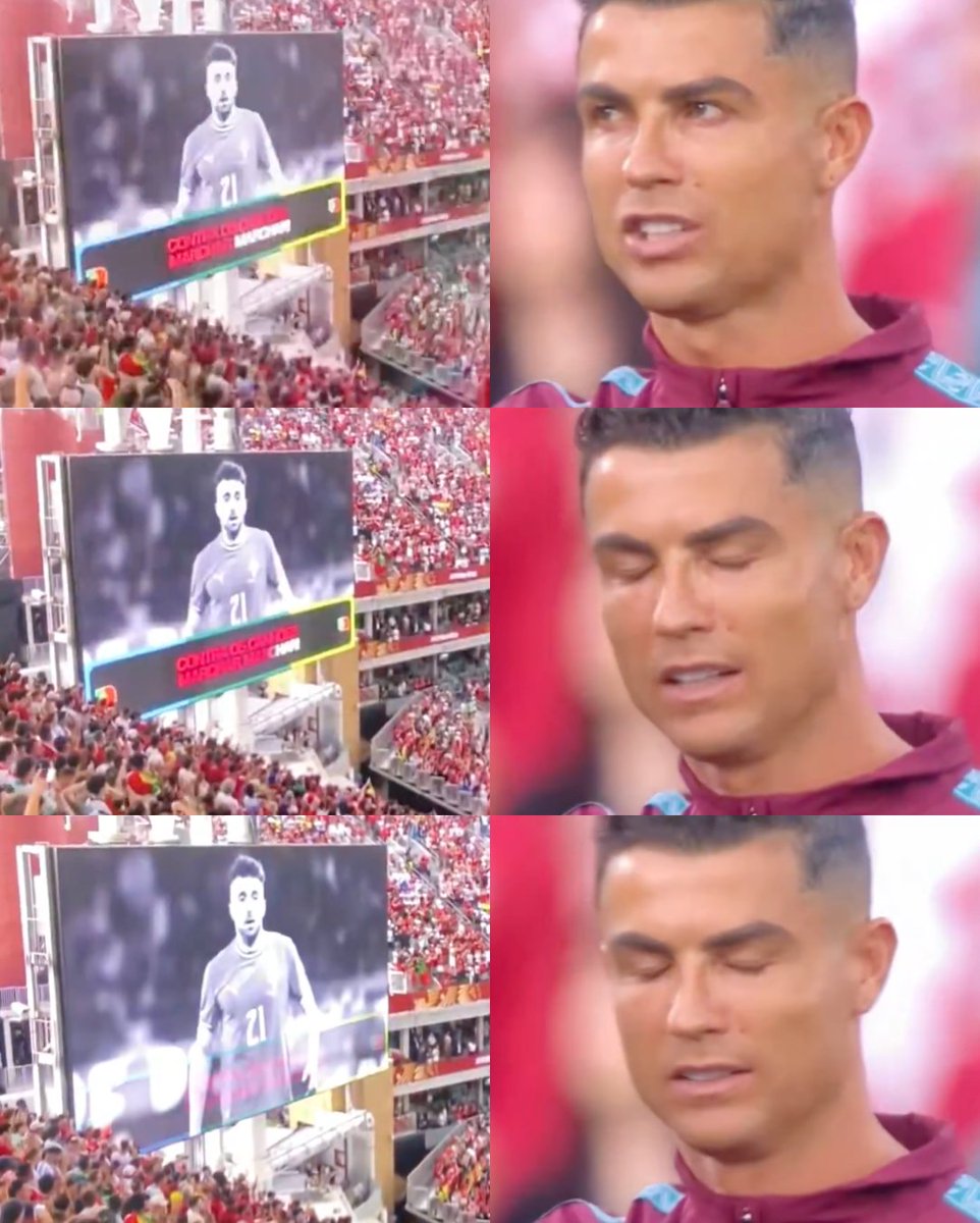 InvictosSomos's tweet photo. Uff, qué momento se vivió en la Copa del Mundo. La cara de Cristiano Ronaldo mientras sonaba el himno de Portugal y aparecía la imagen de Diogo Jota en la pantalla del estadio. Hoy no solo son 11 portugueses en la cancha, señoras y señores. Son 11+1. Un torneo que le están dedicando al eterno 21 portugués. POR SIEMPRE DIOGO JOTA.
