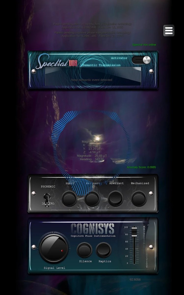 UFOCurrentsShow's tweet photo. SpectralVox is LIVE. 🟢

Paranormal or UAP/NHI investigator? This one was made for you.

Not a ghost box. A field-responsive instrument.

📲 https://t.co/6vC82Dcm3a

#UAP #ParanormalResearch #EMF https://t.co/vO9QAWQkzb