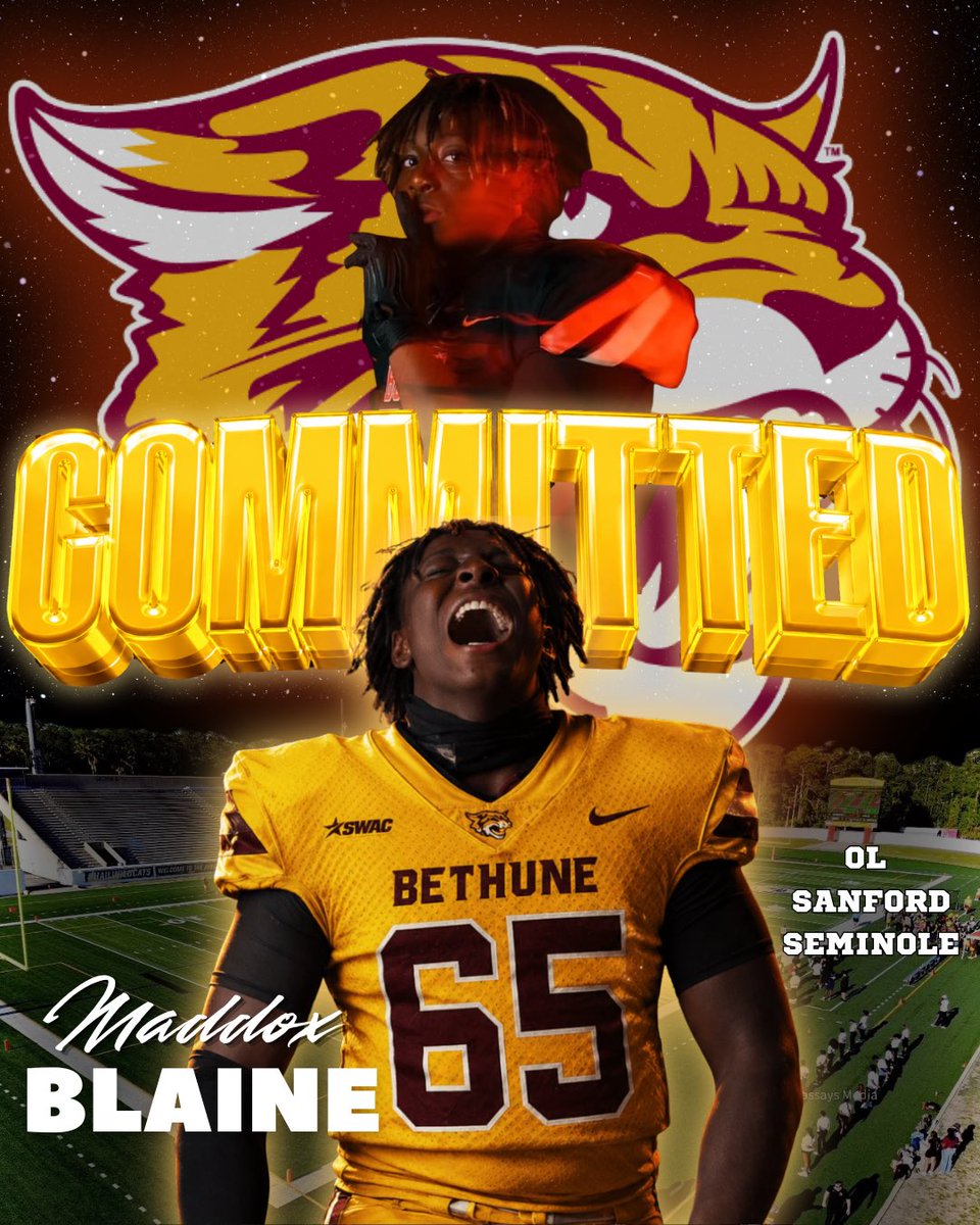 MADDBlaine27's tweet photo. I am Grateful and Blessed to say that I am COMMITTED to Bethune- Cookman University💛❤️#hailwildcats @BokeyFootball @PFitzB 
@Coach_Pimp @14twalk
@CoachWoodie @B_Wash72 @Coach_Houn @BokeyFootball @DEvans345 @m_peppin70 https://t.co/W4gIXzzXqE