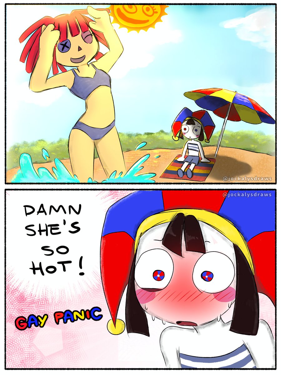 jockalysdraws's tweet photo. Beach day (with new circus update Ep9) #tadc #TheAmazingDigitalCircus #ragatha #pomni #ragapom #jesterdoll #funnydoll #buttonblossom #amandahufford #lizziefreeman #tadcfanarts #gaypanic #comic @JustTheClippy @LizzieRFreeman https://t.co/URUxV8SIJ4